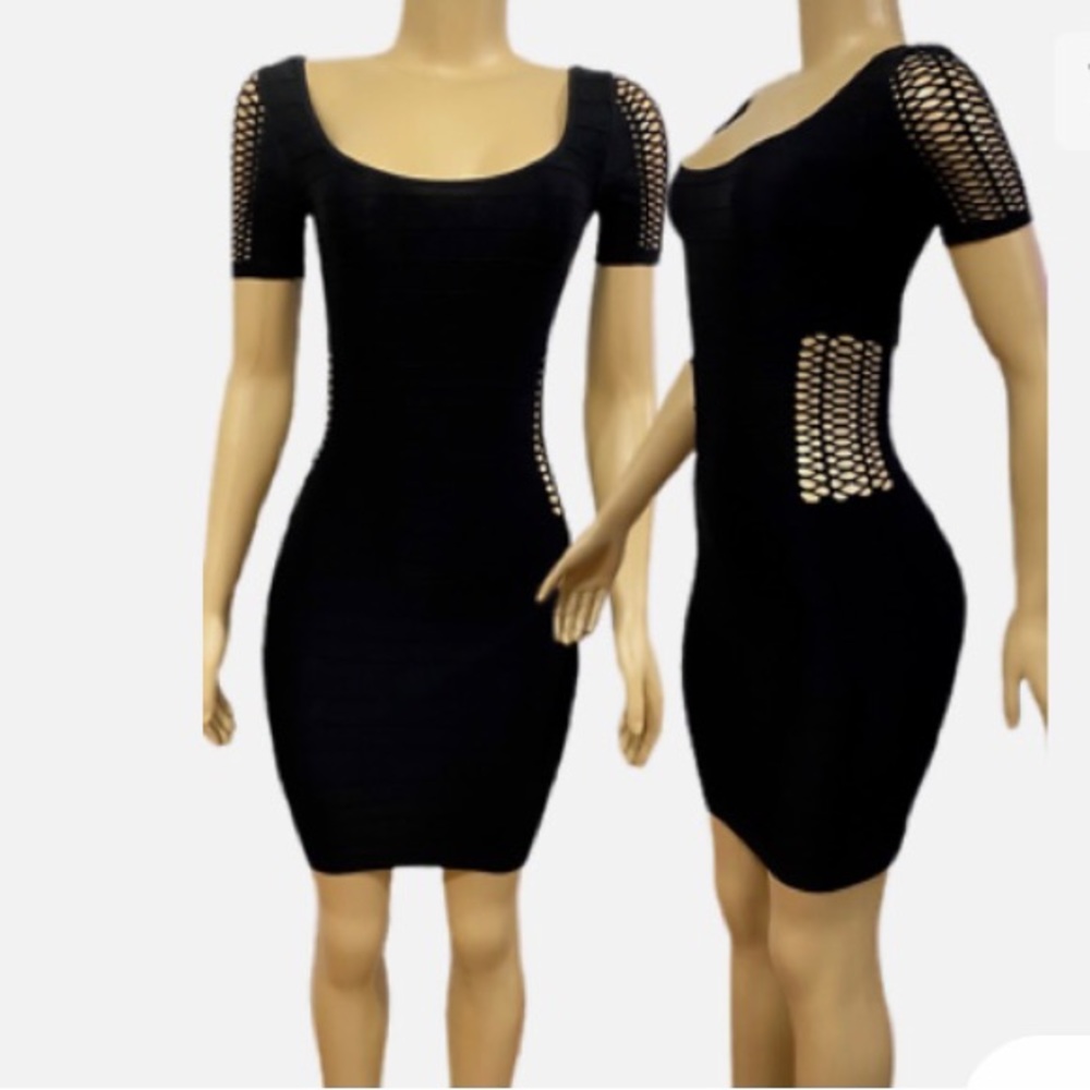 Bebe Black Mini with Open Weave Detail on Cap Sleeves and Sides Size M/L